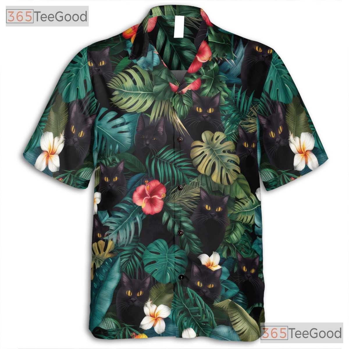 Floral Jungle Cat Hawaiian Shirt- Unisex Black Cat Tropical Island Beachwear