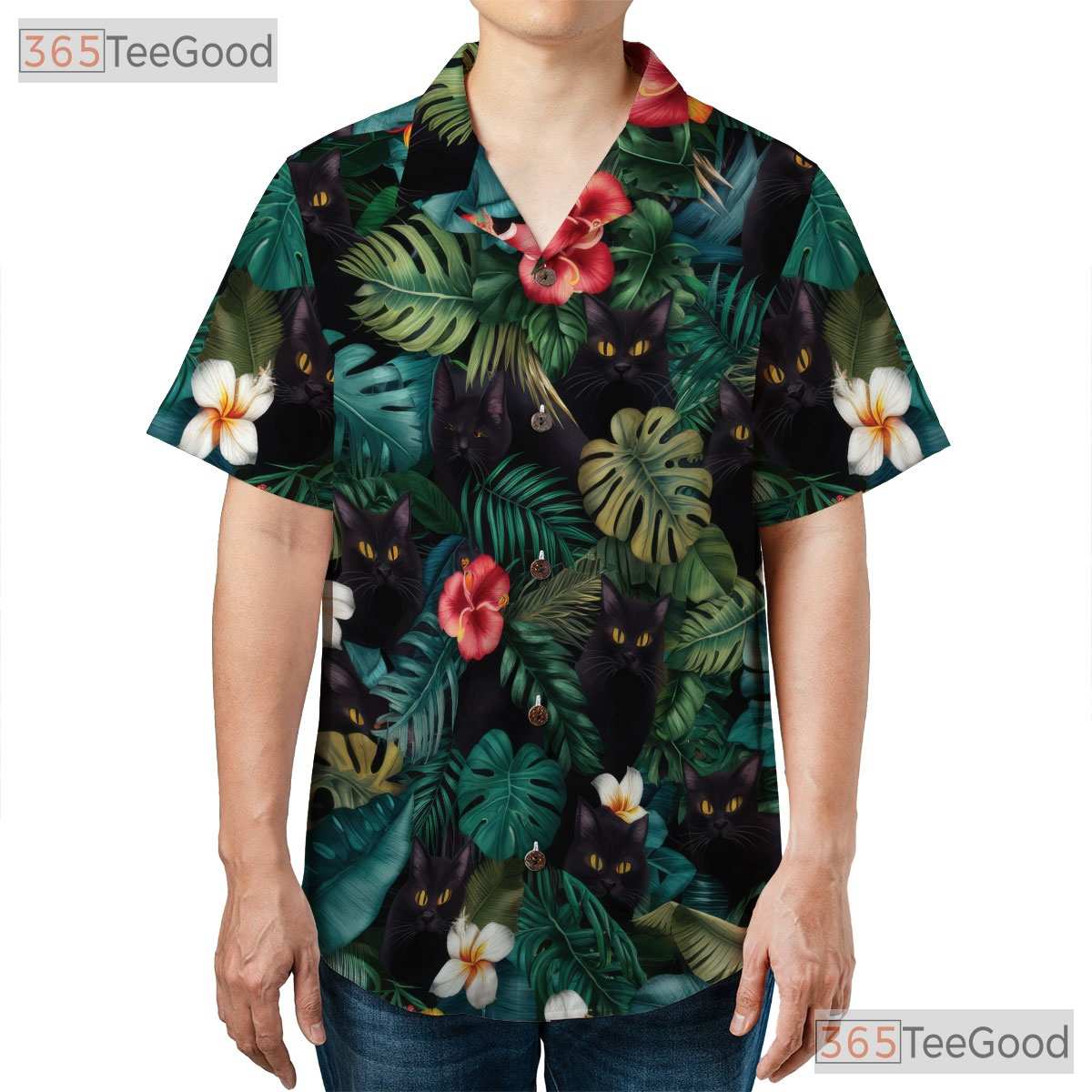 Floral Jungle Cat Hawaiian Shirt- Unisex Black Cat Tropical Island Beachwear