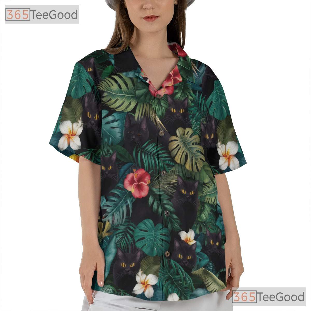 Floral Jungle Cat Hawaiian Shirt- Unisex Black Cat Tropical Island Beachwear