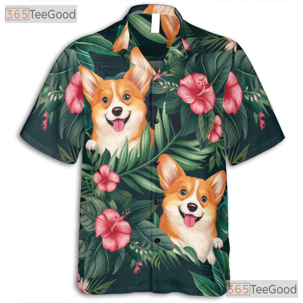 Floral Leaves Island Aloha Print Corgi Dog Hawaiian Tee Unisex Vacation Top