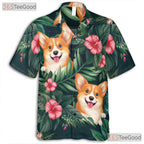 Floral Leaves Island Aloha Print Corgi Dog Hawaiian Tee Unisex Vacation Top