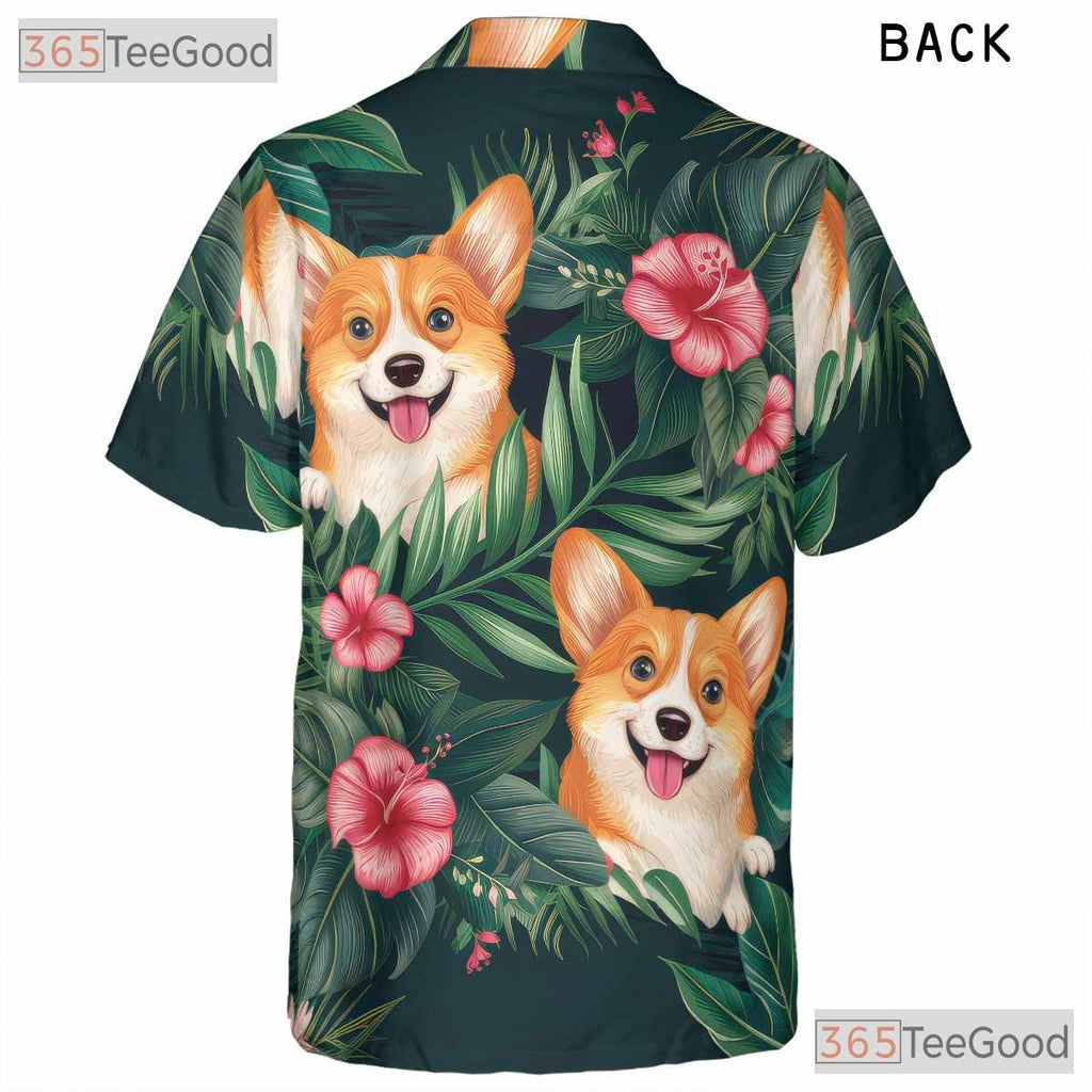 Floral Leaves Island Aloha Print Corgi Dog Hawaiian Tee Unisex Vacation Top