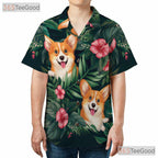 Floral Leaves Island Aloha Print Corgi Dog Hawaiian Tee Unisex Vacation Top