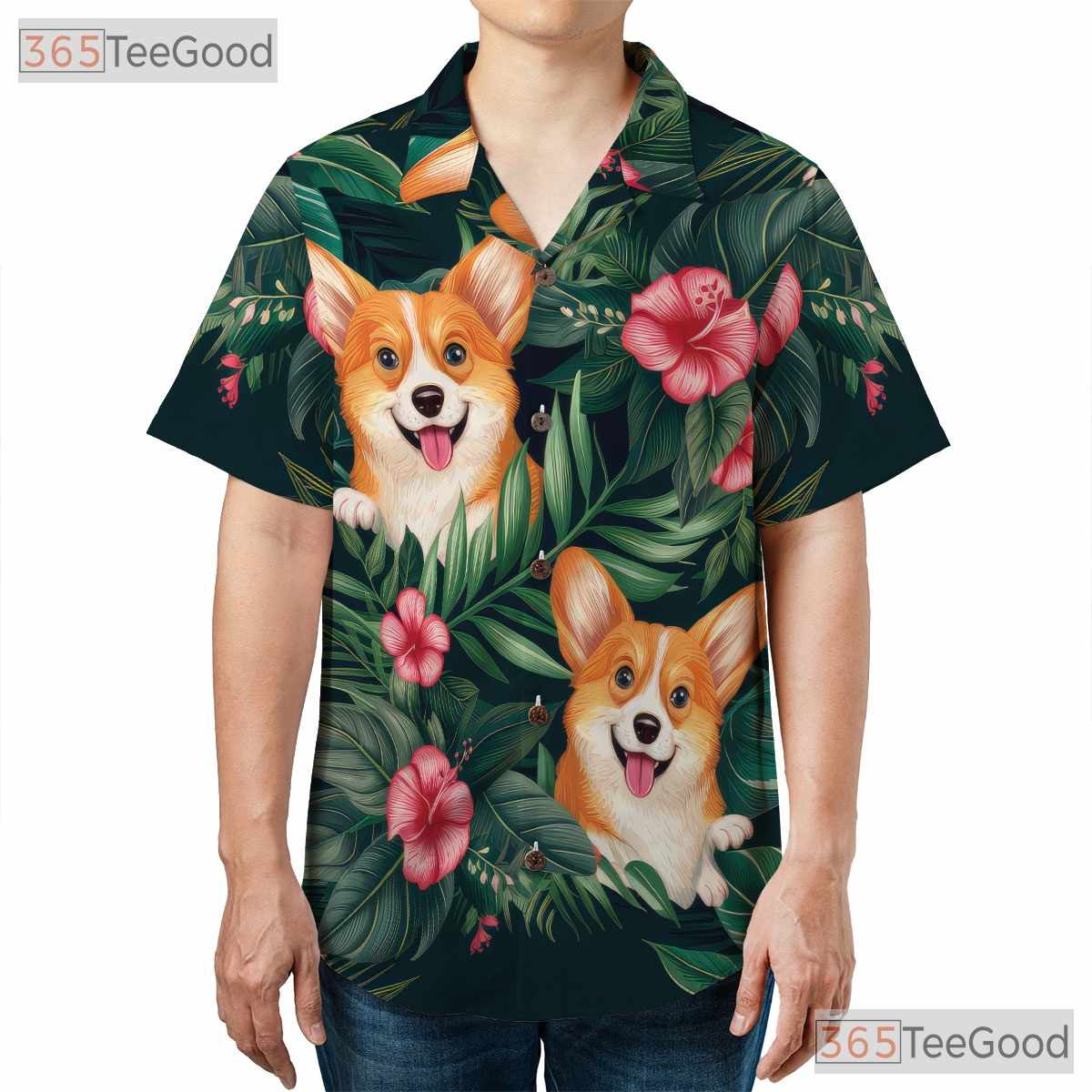 Floral Leaves Island Aloha Print Corgi Dog Hawaiian Tee Unisex Vacation Top