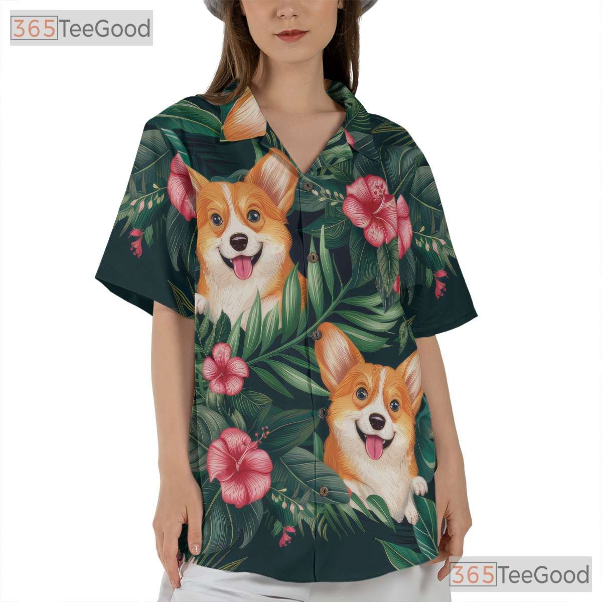 Floral Leaves Island Aloha Print Corgi Dog Hawaiian Tee Unisex Vacation Top