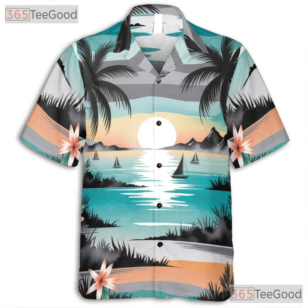 Floral Tropical Hawaiian Tee- Unisex Palm Tree Sunset Watercolor Beach Top