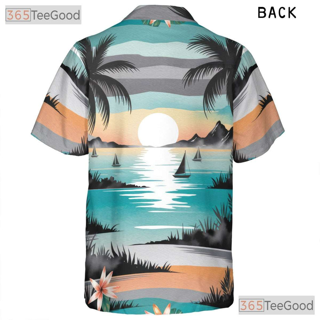 Floral Tropical Hawaiian Tee- Unisex Palm Tree Sunset Watercolor Beach Top