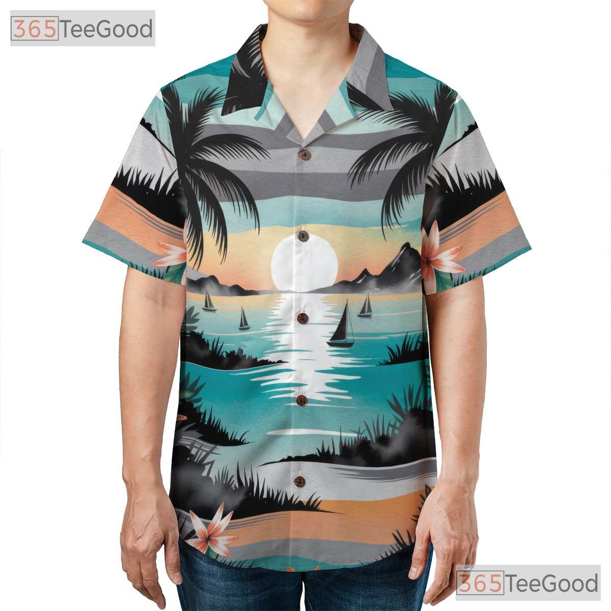 Floral Tropical Hawaiian Tee- Unisex Palm Tree Sunset Watercolor Beach Top