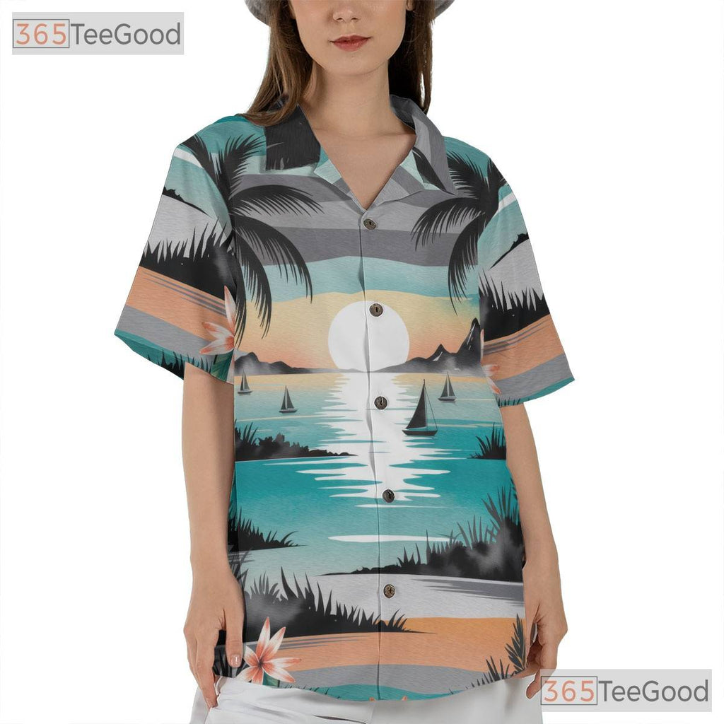 Floral Tropical Hawaiian Tee- Unisex Palm Tree Sunset Watercolor Beach Top