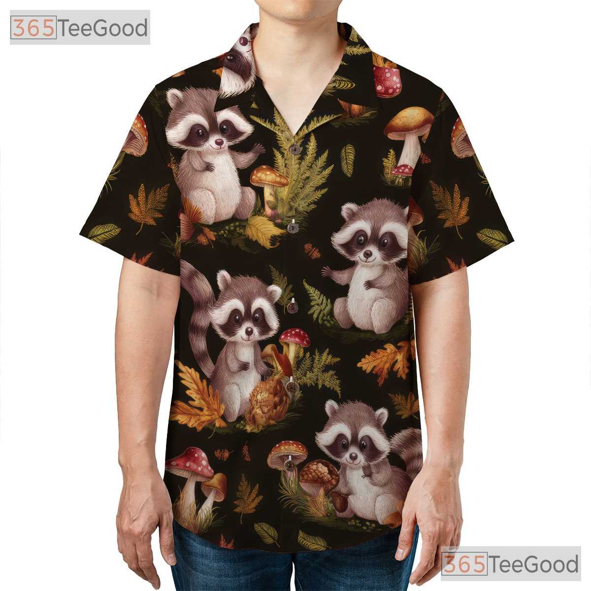 Forest Animal Hawaiian Shirt - Unisex Raccoon Mushroom Festival Wear Tee