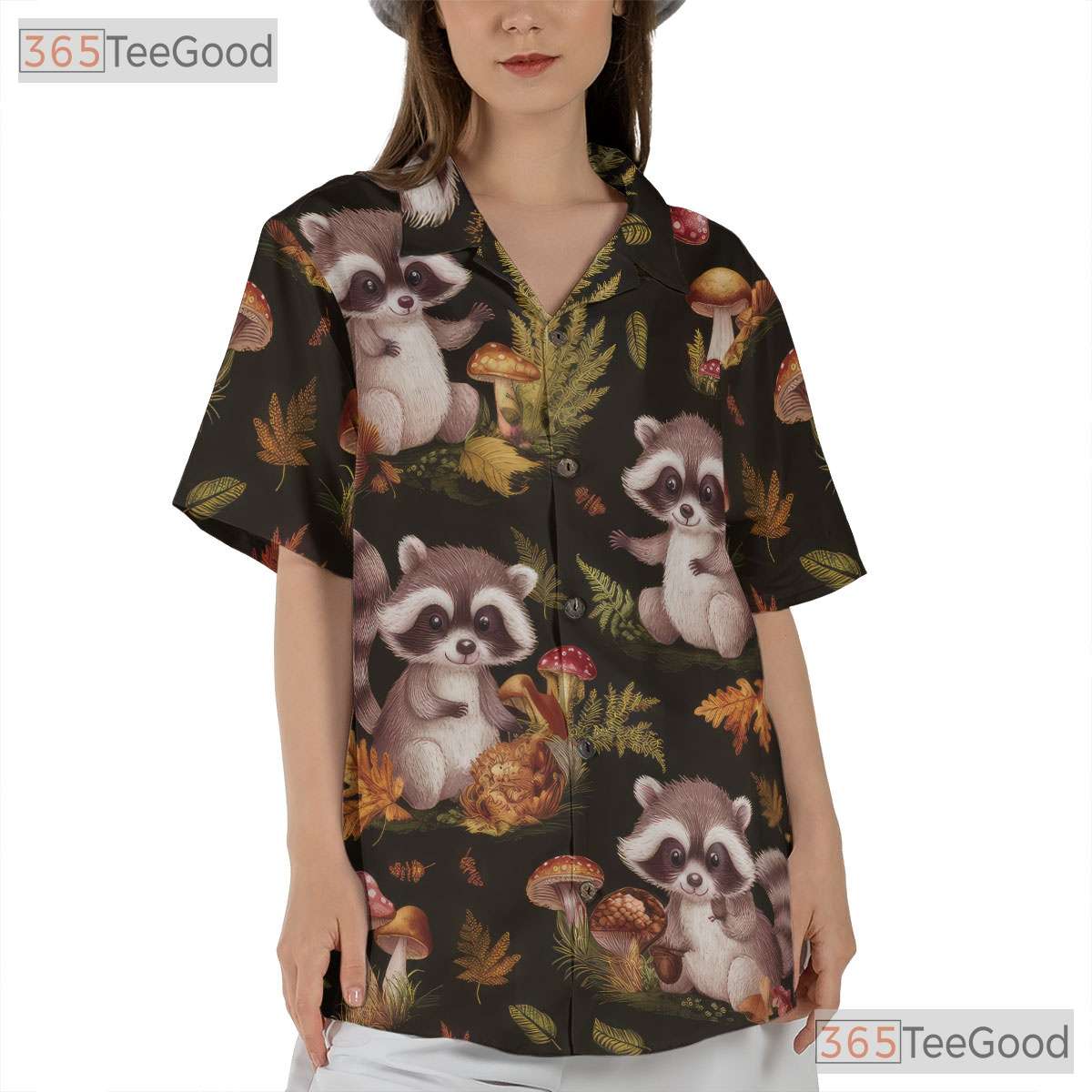 Forest Animal Hawaiian Shirt - Unisex Raccoon Mushroom Festival Wear Tee