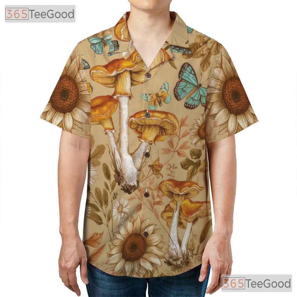 Forest Butterfly Mushroom Hawaiian Shirt Unisex Seamless Art Print Top