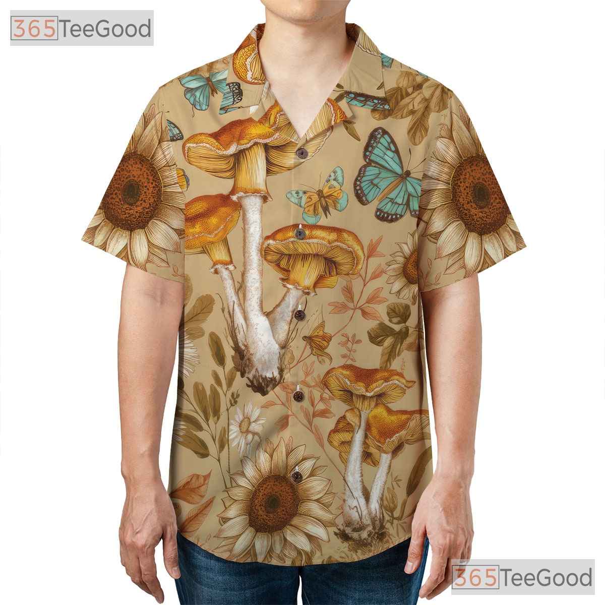 Forest Butterfly Mushroom Hawaiian Shirt Unisex Seamless Art Print Top
