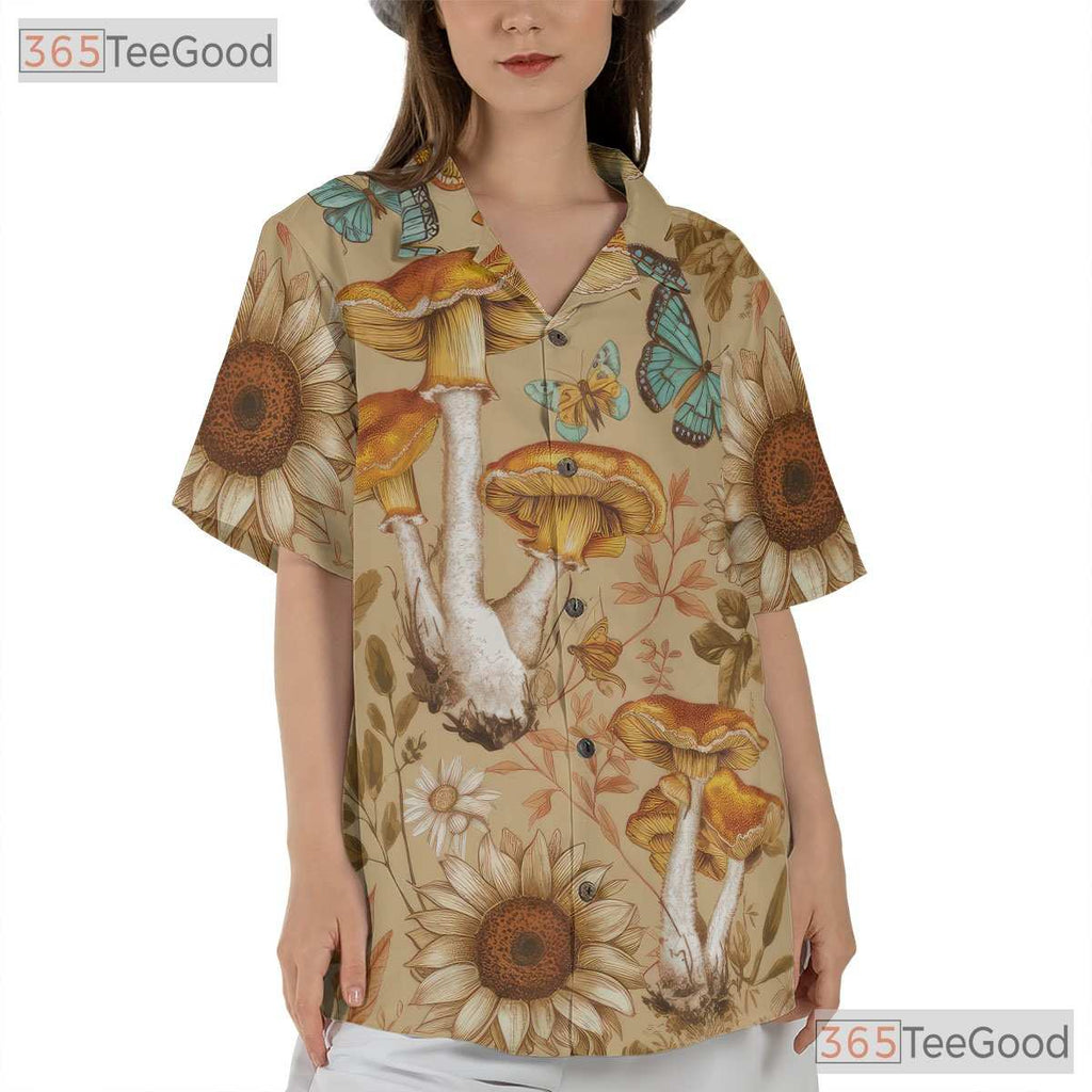 Forest Butterfly Mushroom Hawaiian Shirt Unisex Seamless Art Print Top