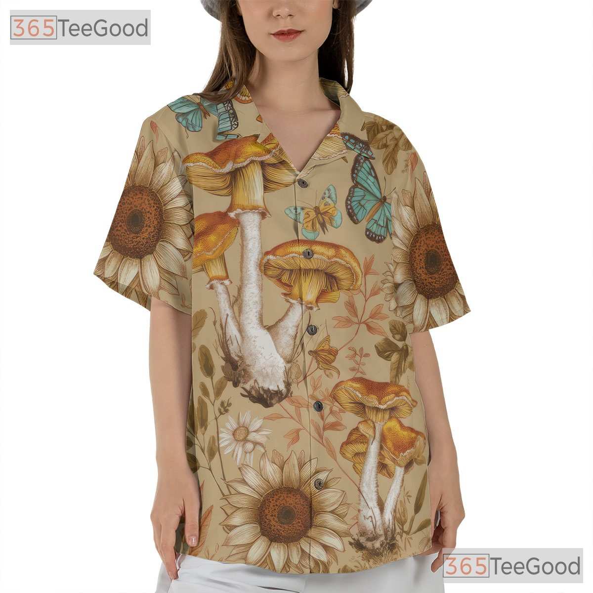 Forest Butterfly Mushroom Hawaiian Shirt Unisex Seamless Art Print Top