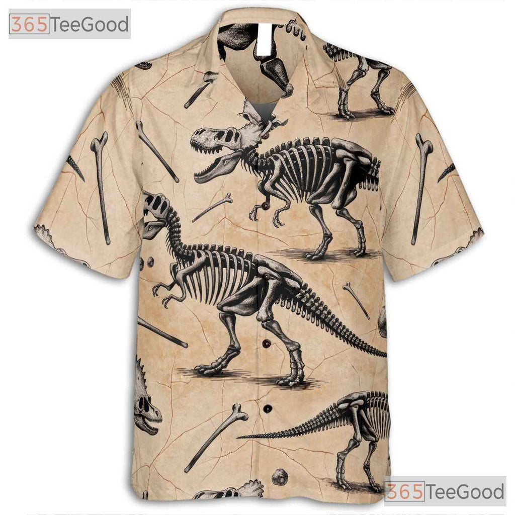 Fossil Dinosaur Bones Unisex Hawaiian Shirt- Prehistoric Skeleton Pattern Tee