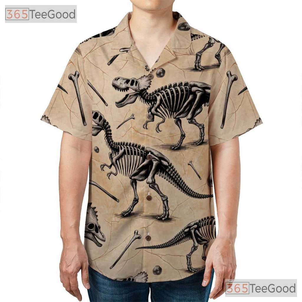 Fossil Dinosaur Bones Unisex Hawaiian Shirt- Prehistoric Skeleton Pattern Tee