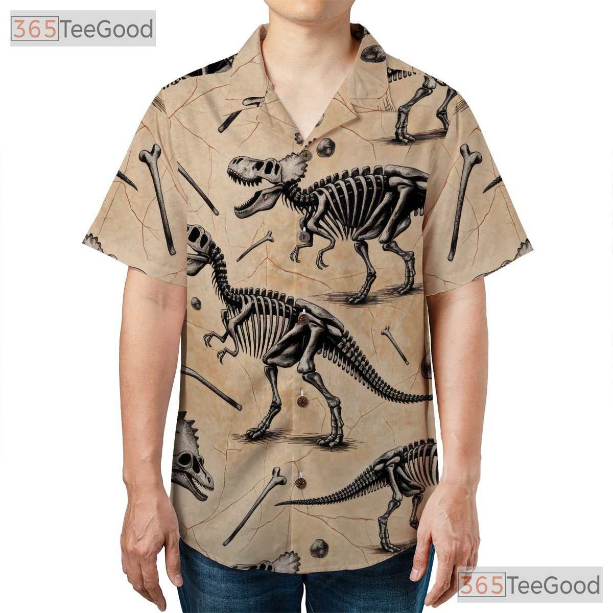 Fossil Dinosaur Bones Unisex Hawaiian Shirt- Prehistoric Skeleton Pattern Tee