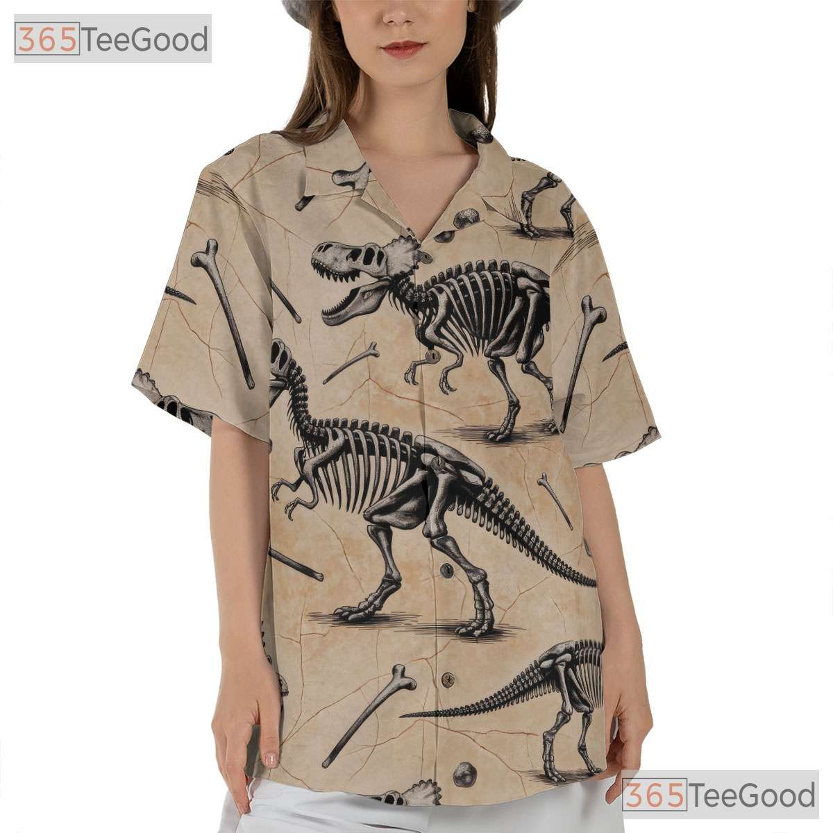 Fossil Dinosaur Bones Unisex Hawaiian Shirt- Prehistoric Skeleton Pattern Tee