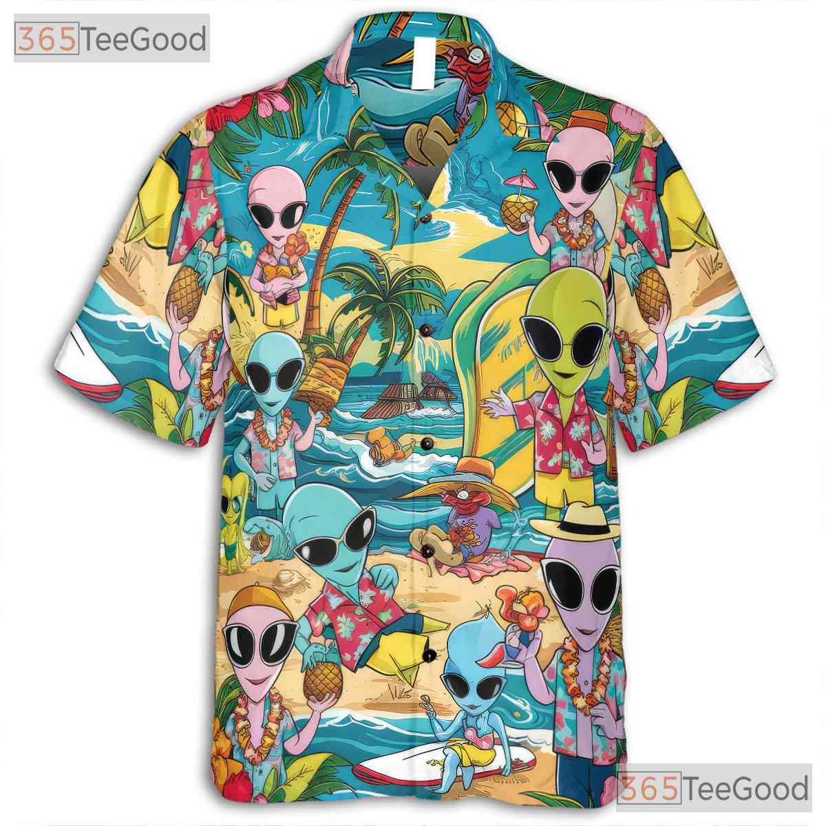 Funny Alien Hawaiian Shirt for Men - Tropical Aloha Beach Vacation Tee