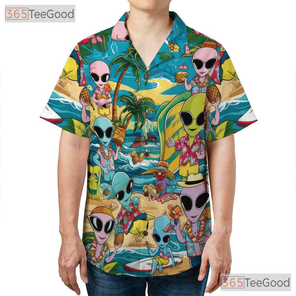 Funny Alien Hawaiian Shirt for Men - Tropical Aloha Beach Vacation Tee