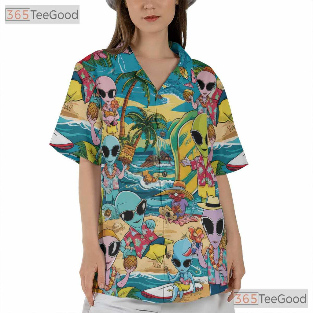 Funny Alien Hawaiian Shirt for Men - Tropical Aloha Beach Vacation Tee