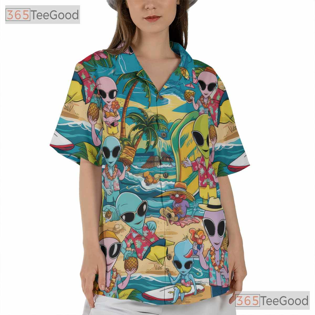 Funny Alien Hawaiian Shirt for Men - Tropical Aloha Beach Vacation Tee