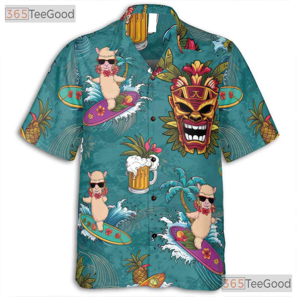 Funny Alpaca Tiki Mask Hawaiian Shirt Men Women Tropical Summer Top