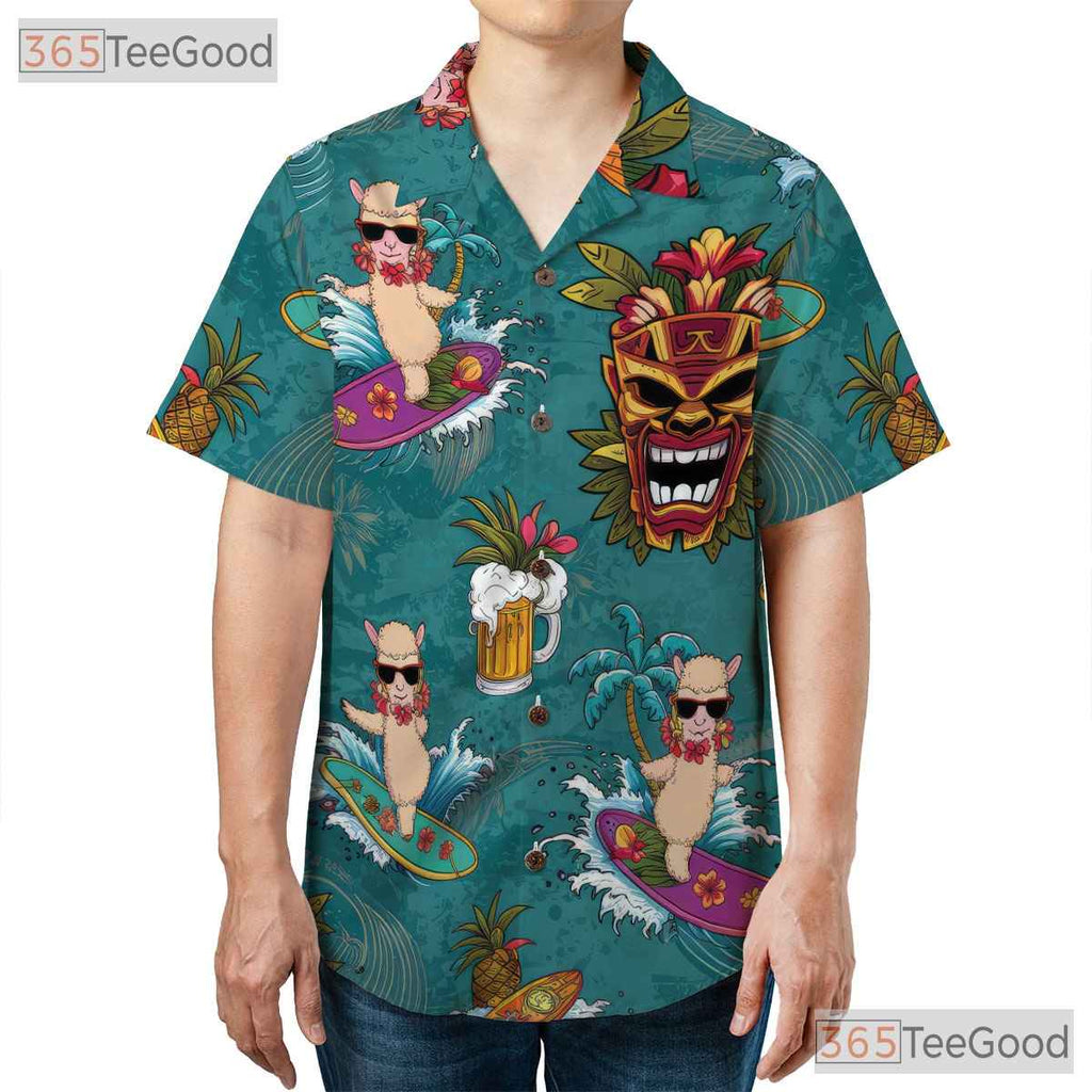 Funny Alpaca Tiki Mask Hawaiian Shirt Men Women Tropical Summer Top
