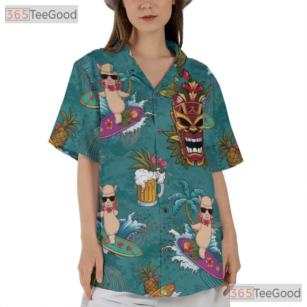 Funny Alpaca Tiki Mask Hawaiian Shirt Men Women Tropical Summer Top