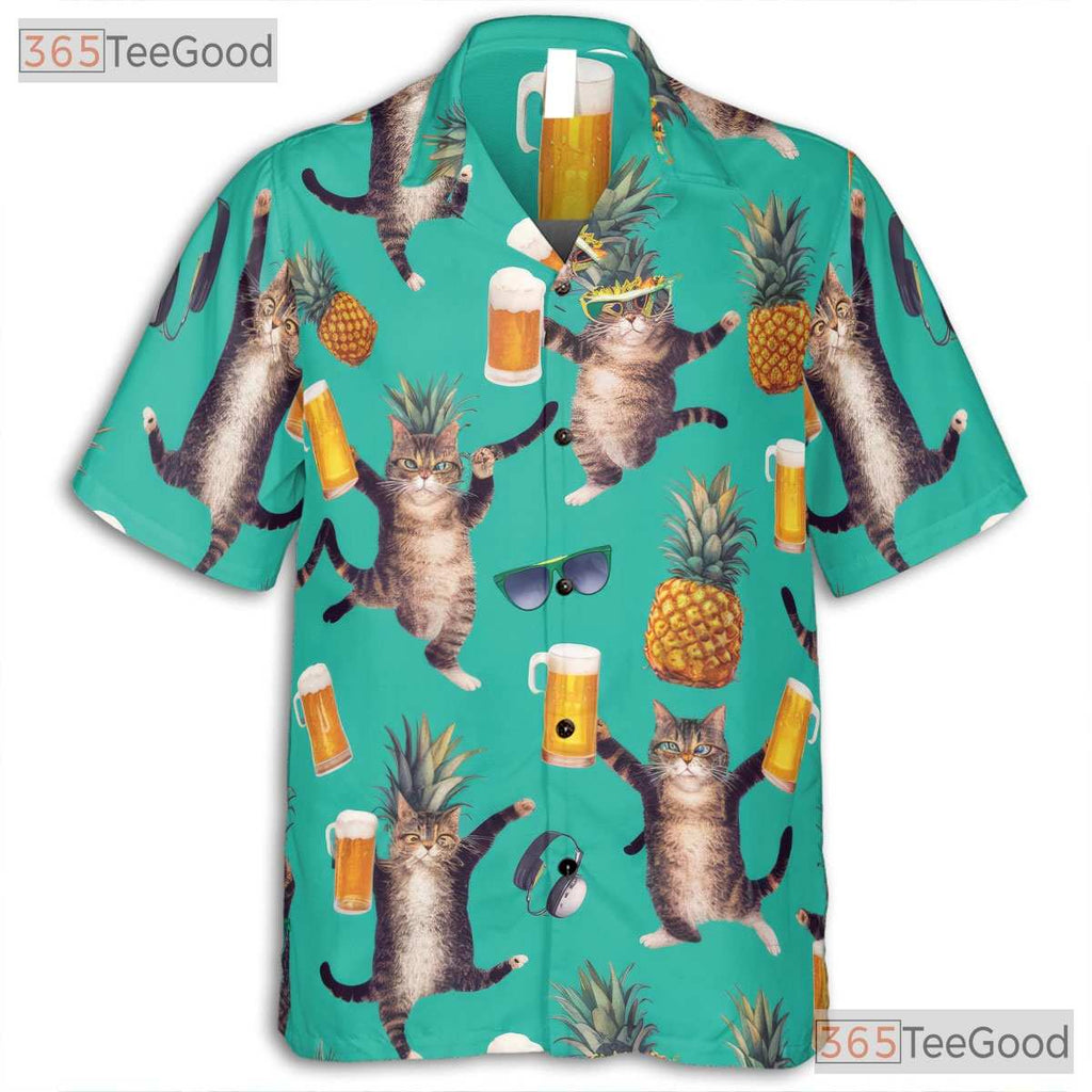 Funny Beer Cat Hawaiian Tee- Unisex Pineapple Tropical Beach Party Apparel