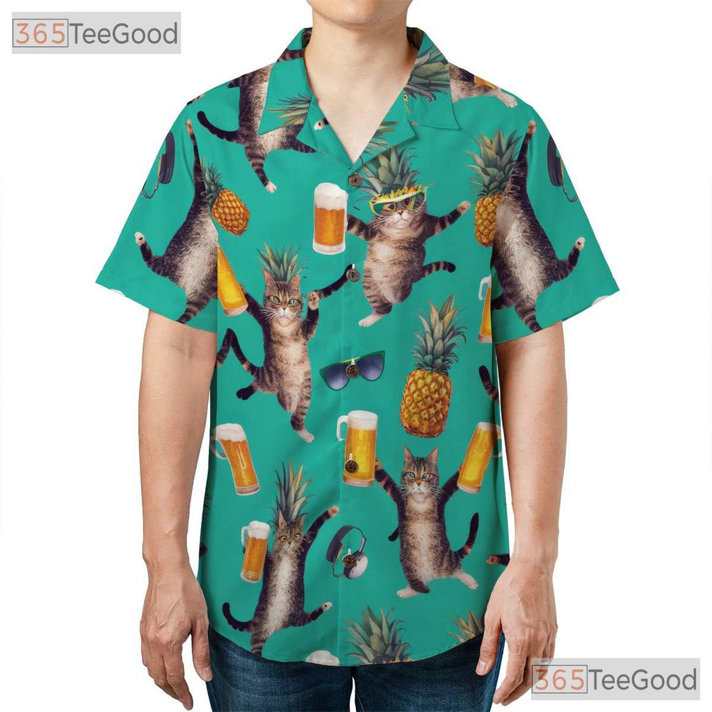 Funny Beer Cat Hawaiian Tee- Unisex Pineapple Tropical Beach Party Apparel