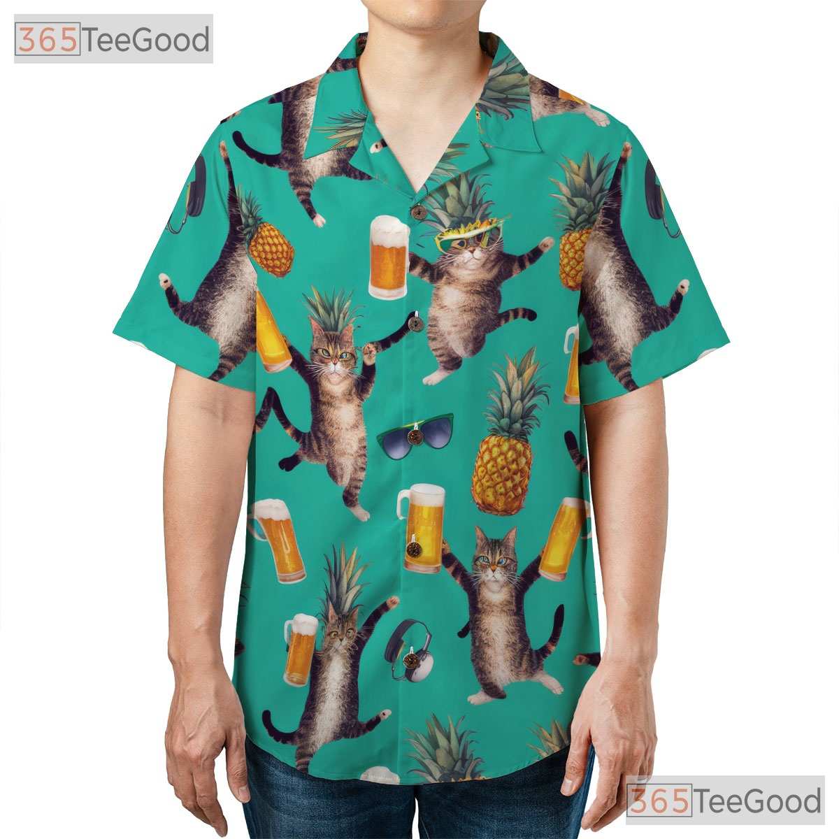 Funny Beer Cat Hawaiian Tee- Unisex Pineapple Tropical Beach Party Apparel