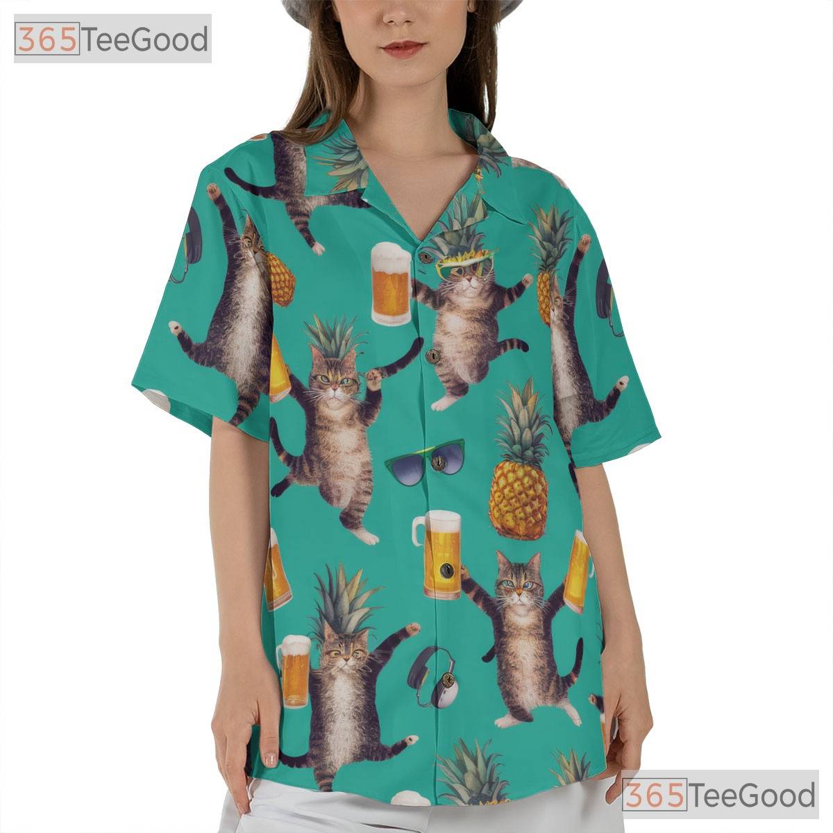 Funny Beer Cat Hawaiian Tee- Unisex Pineapple Tropical Beach Party Apparel