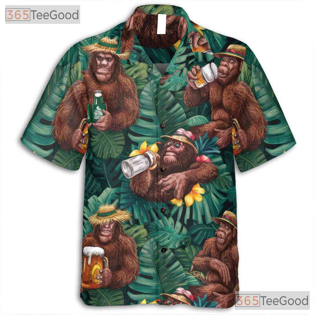 Funny Bigfoot Beer Hawaiian Shirt - Men's Sasquatch Floral Aloha Tee
