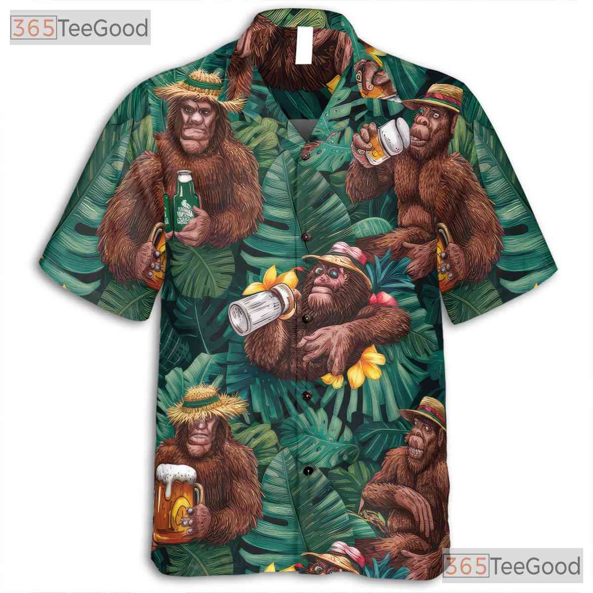 Funny Bigfoot Beer Hawaiian Shirt - Men's Sasquatch Floral Aloha Tee