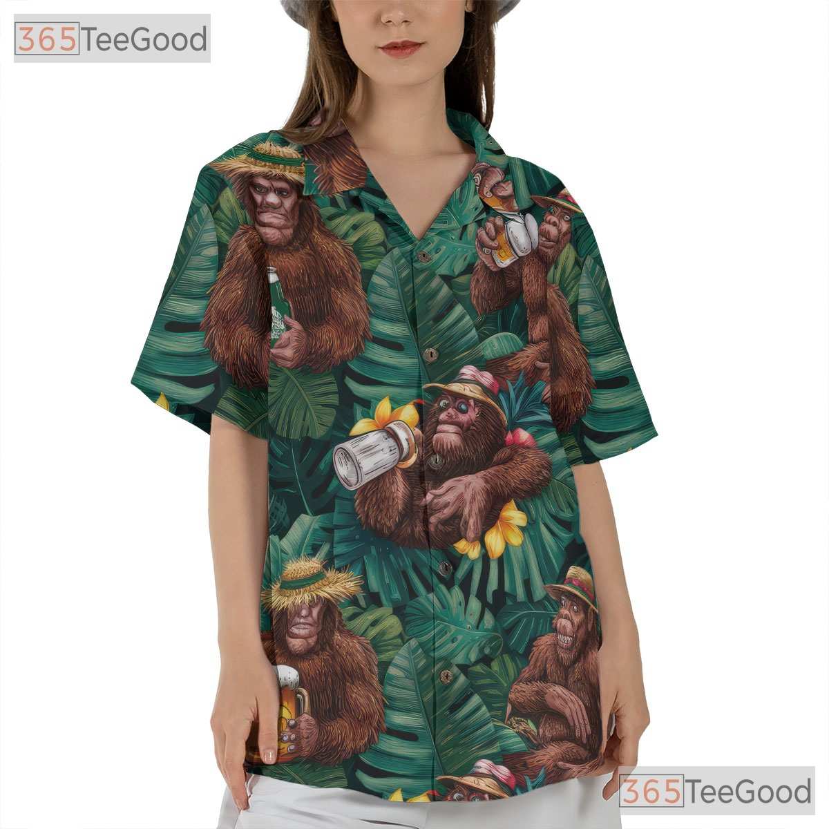 Funny Bigfoot Beer Hawaiian Shirt - Men's Sasquatch Floral Aloha Tee