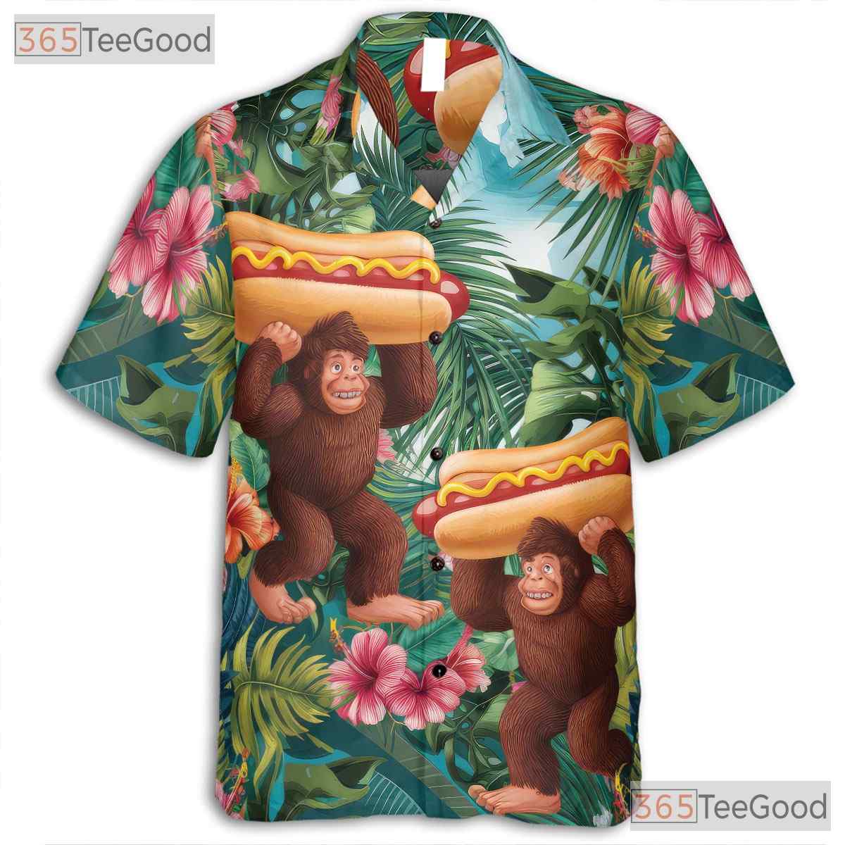 Funny Bigfoot Hot Dog Hawaiian Shirt - Men's Tropical Print Summer Tee