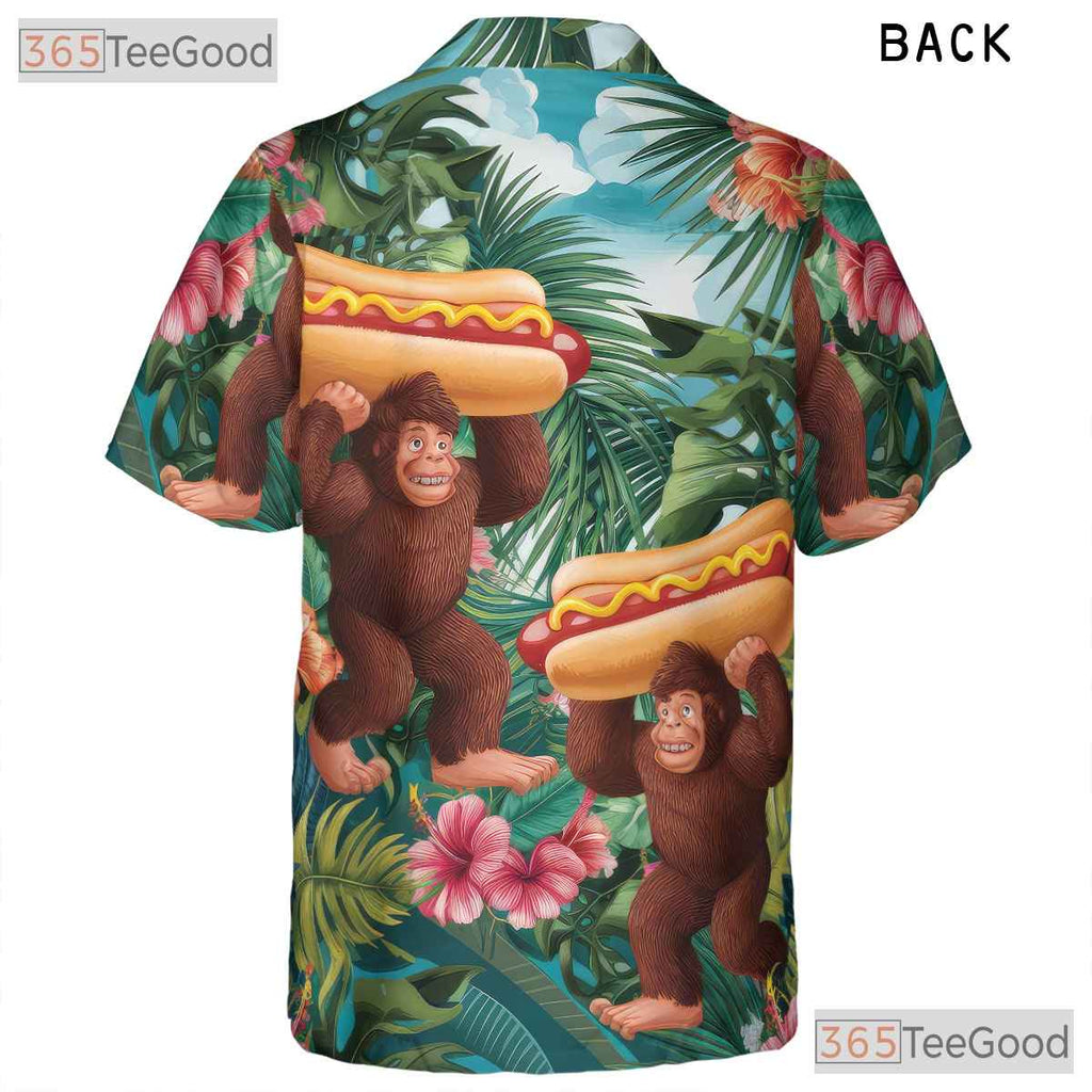 Funny Bigfoot Hot Dog Hawaiian Shirt - Men's Tropical Print Summer Tee