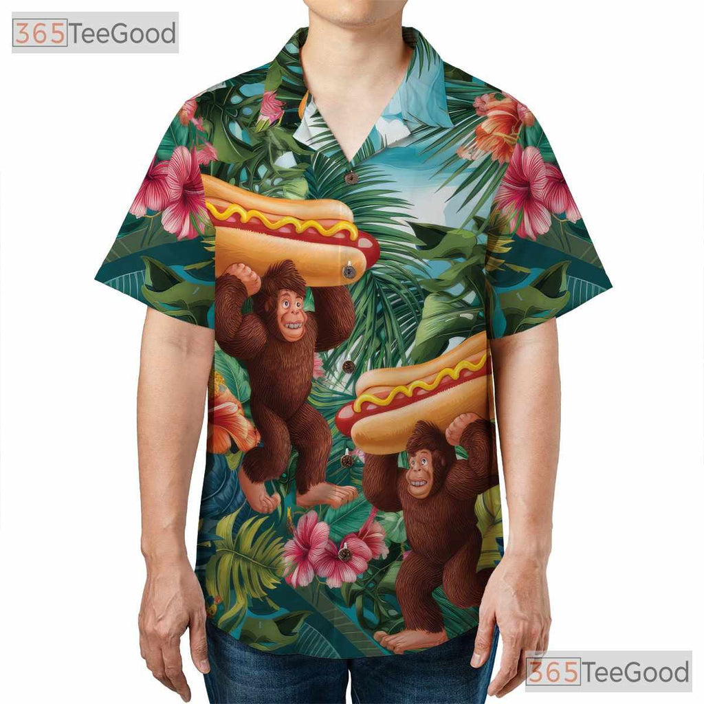 Funny Bigfoot Hot Dog Hawaiian Shirt - Men's Tropical Print Summer Tee