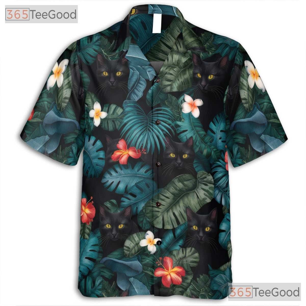 Funny Black Cat Hawaiian Tee- Unisex Blue Floral Jungle Leaf Aloha Party Top