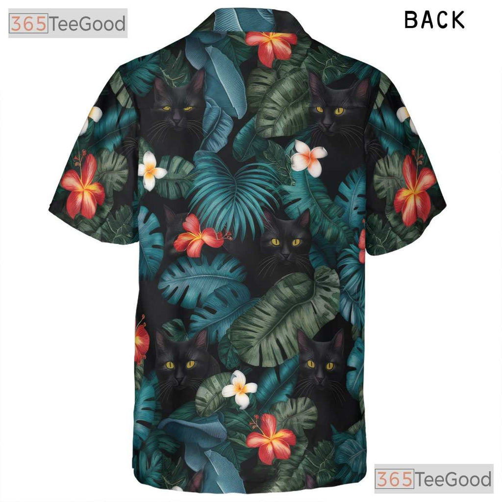 Funny Black Cat Hawaiian Tee- Unisex Blue Floral Jungle Leaf Aloha Party Top