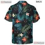 Funny Black Cat Hawaiian Tee- Unisex Blue Floral Jungle Leaf Aloha Party Top