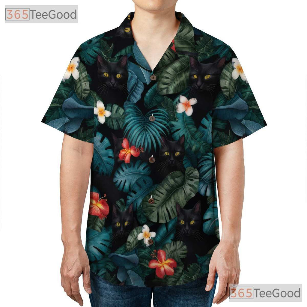 Funny Black Cat Hawaiian Tee- Unisex Blue Floral Jungle Leaf Aloha Party Top
