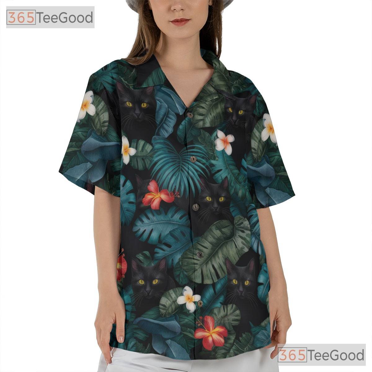 Funny Black Cat Hawaiian Tee- Unisex Blue Floral Jungle Leaf Aloha Party Top