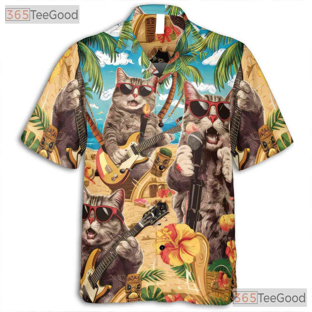 Funny Cat Band Music Print Hawaiian Tee Unisex Beach Party Outfit Aloha Top