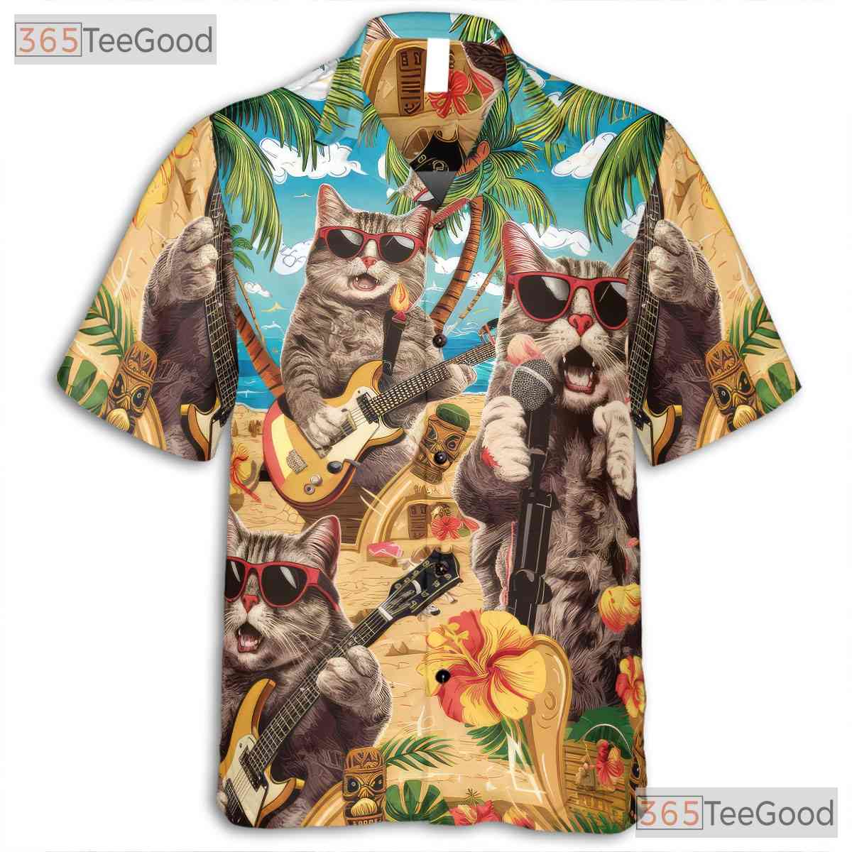 Funny Cat Band Music Print Hawaiian Tee Unisex Beach Party Outfit Aloha Top