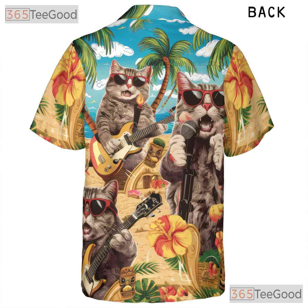 Funny Cat Band Music Print Hawaiian Tee Unisex Beach Party Outfit Aloha Top