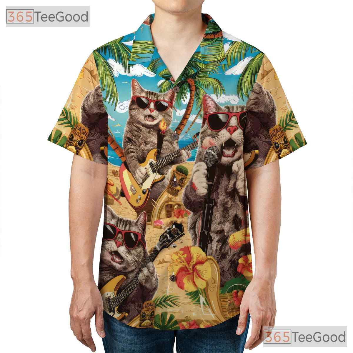 Funny Cat Band Music Print Hawaiian Tee Unisex Beach Party Outfit Aloha Top