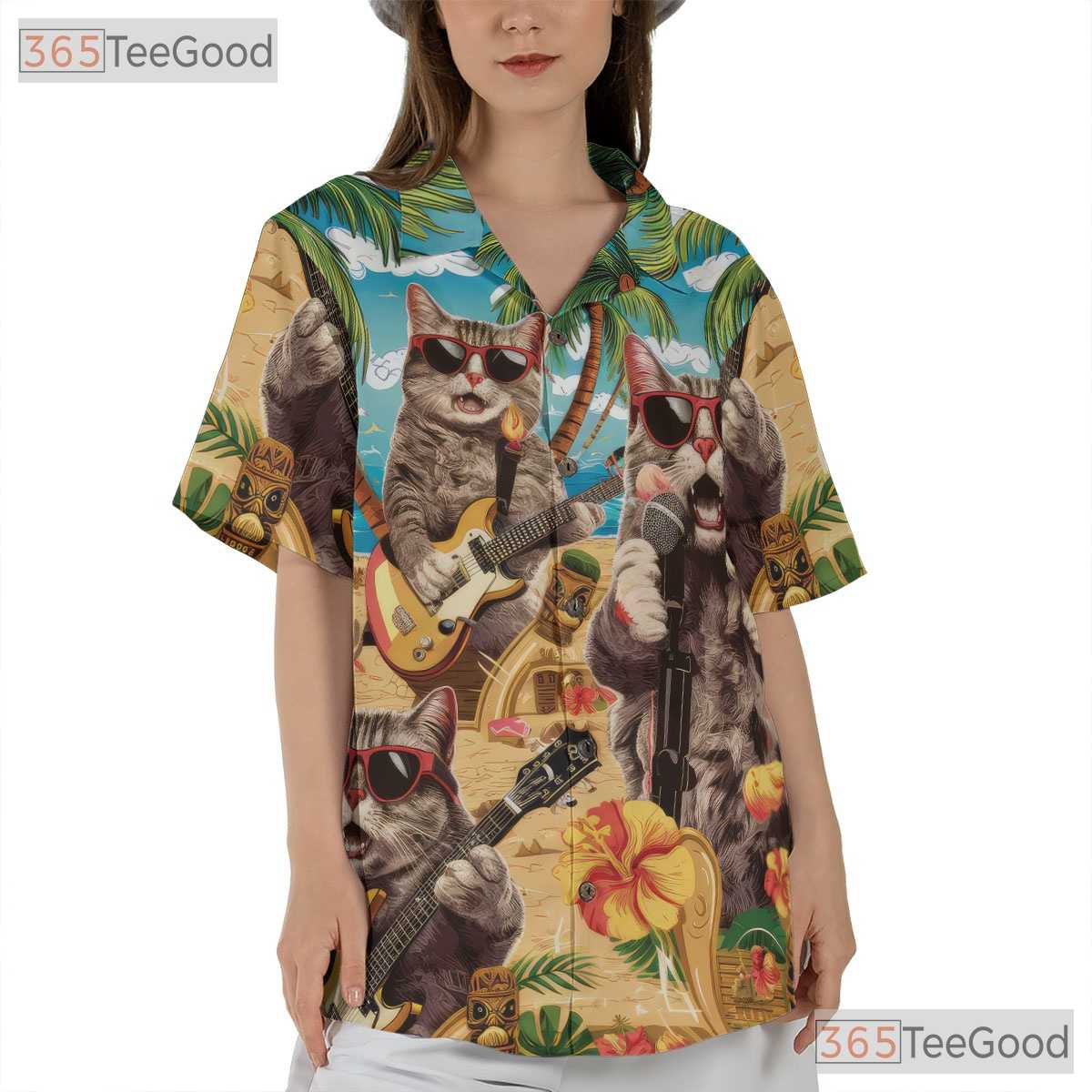 Funny Cat Band Music Print Hawaiian Tee Unisex Beach Party Outfit Aloha Top
